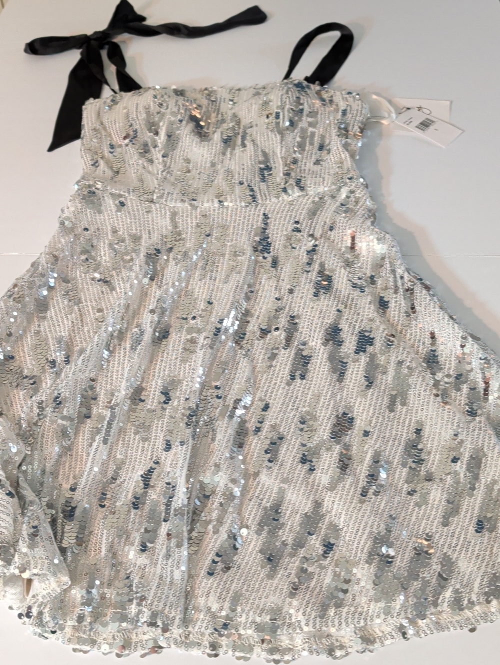 by & by Silver Sequin Girls' Party Dress with Black Ribbon Straps